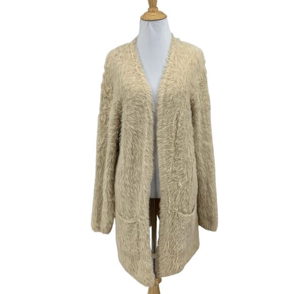 Free People Cardigan Womens Small Cream Fuzzy Faux Fur Open Front Tunic Sweater - Picture 1 of 12